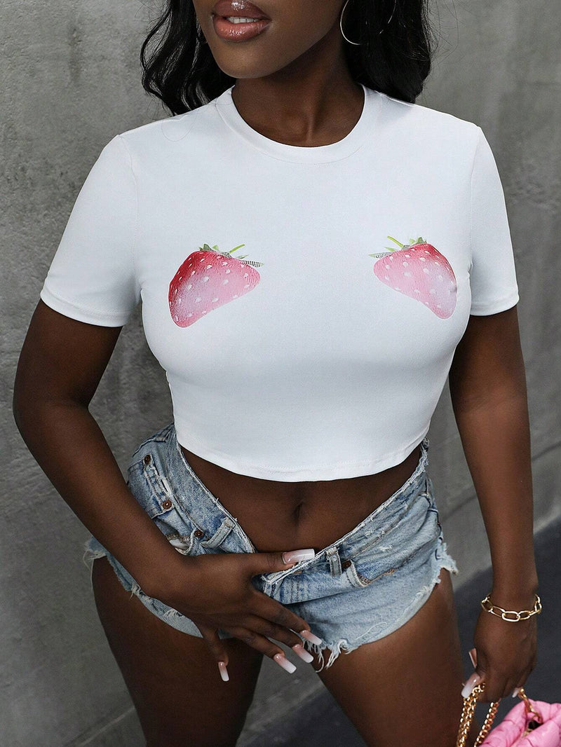 Camiseta Corta Con Estampado De Fresas Para Mujer