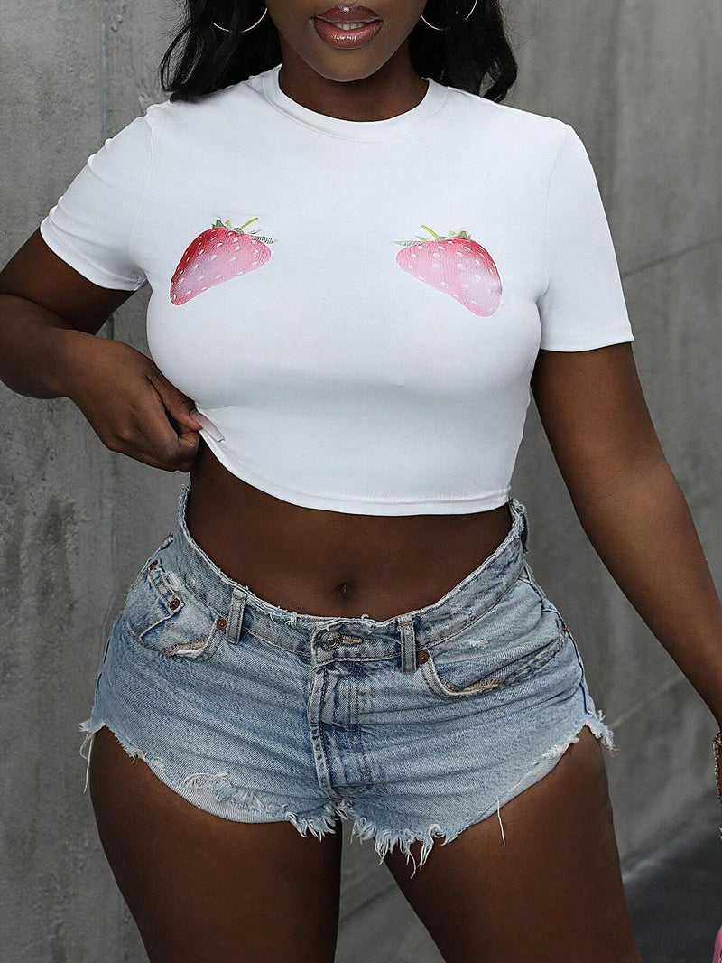 Camiseta Corta Con Estampado De Fresas Para Mujer