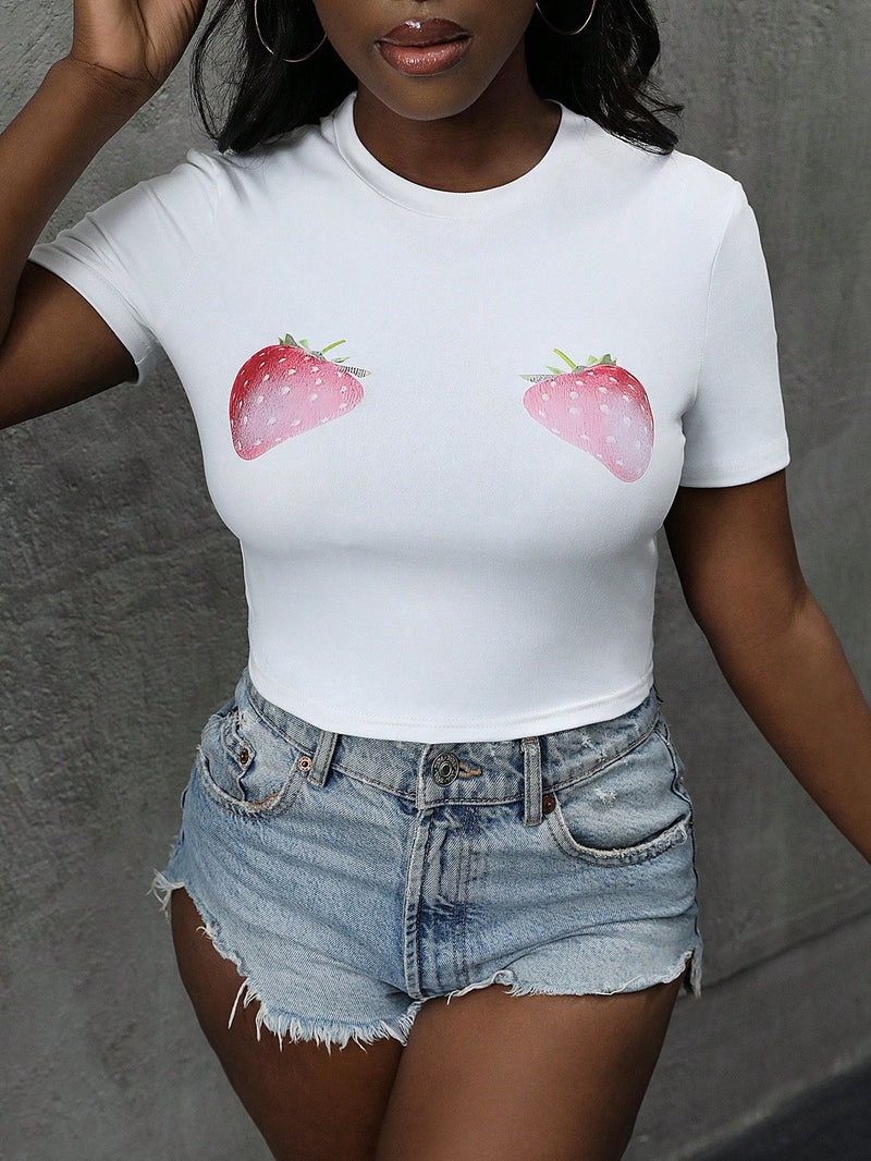 Camiseta Corta Con Estampado De Fresas Para Mujer