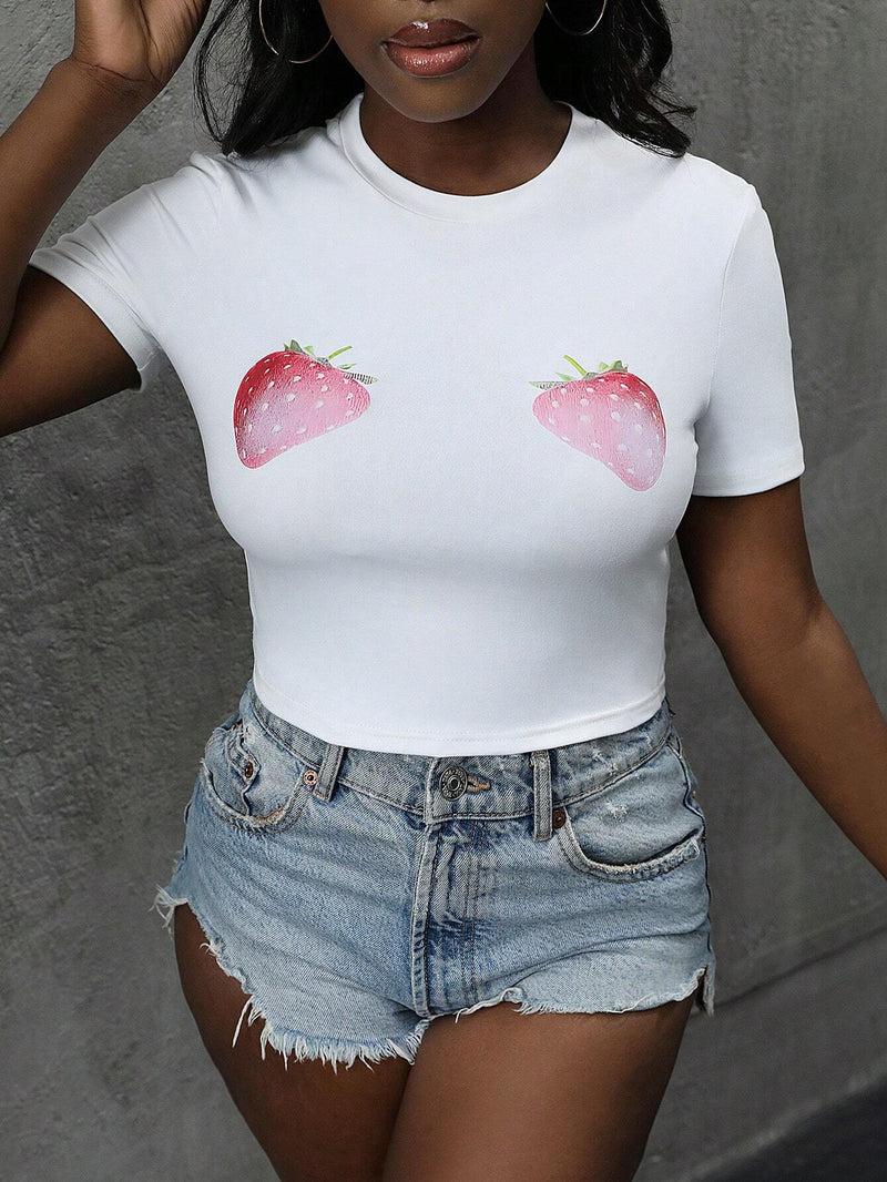 Camiseta Corta Con Estampado De Fresas Para Mujer