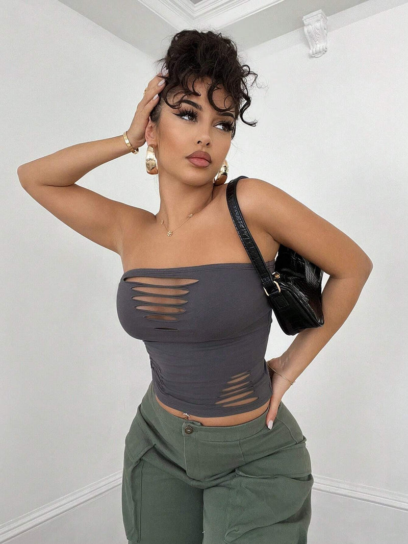 BAE Crop Top Ajustado Color Solido De Estilo Wasteland Con Detalle De Corte Y Huecos Desgastados, Gris, Es Adecuado Para Usar Diario, En Primavera, Verano Streetwear, Conciertos, Festivales De Musica