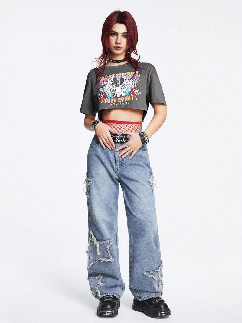 ROMWE Grunge Punk Camiseta Corta De Manga Corta Con Diseno Impreso De Alas Para Mujeres