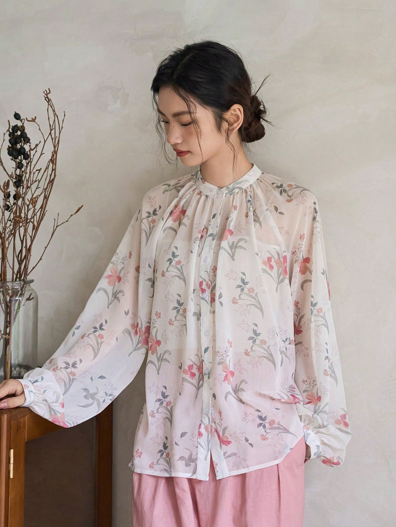 FRIFUL Camisa De Manga Abullonada Para Mujer Con Estampado Floral En Toda La Prenda