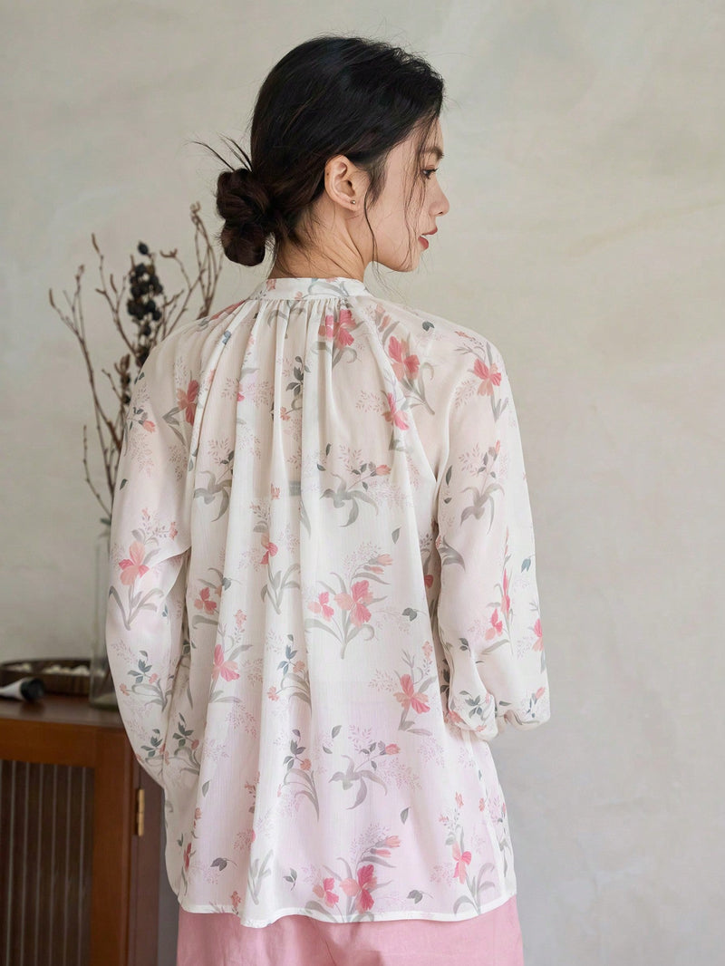 FRIFUL Camisa De Manga Abullonada Para Mujer Con Estampado Floral En Toda La Prenda