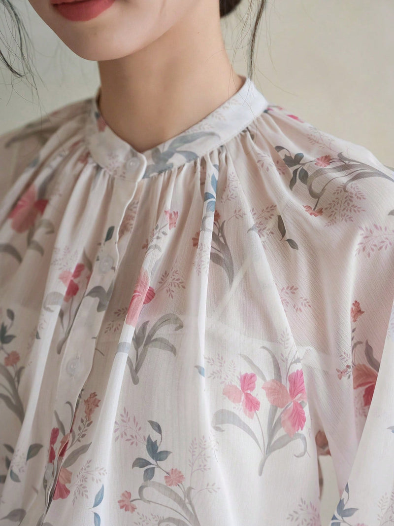 FRIFUL Camisa De Manga Abullonada Para Mujer Con Estampado Floral En Toda La Prenda