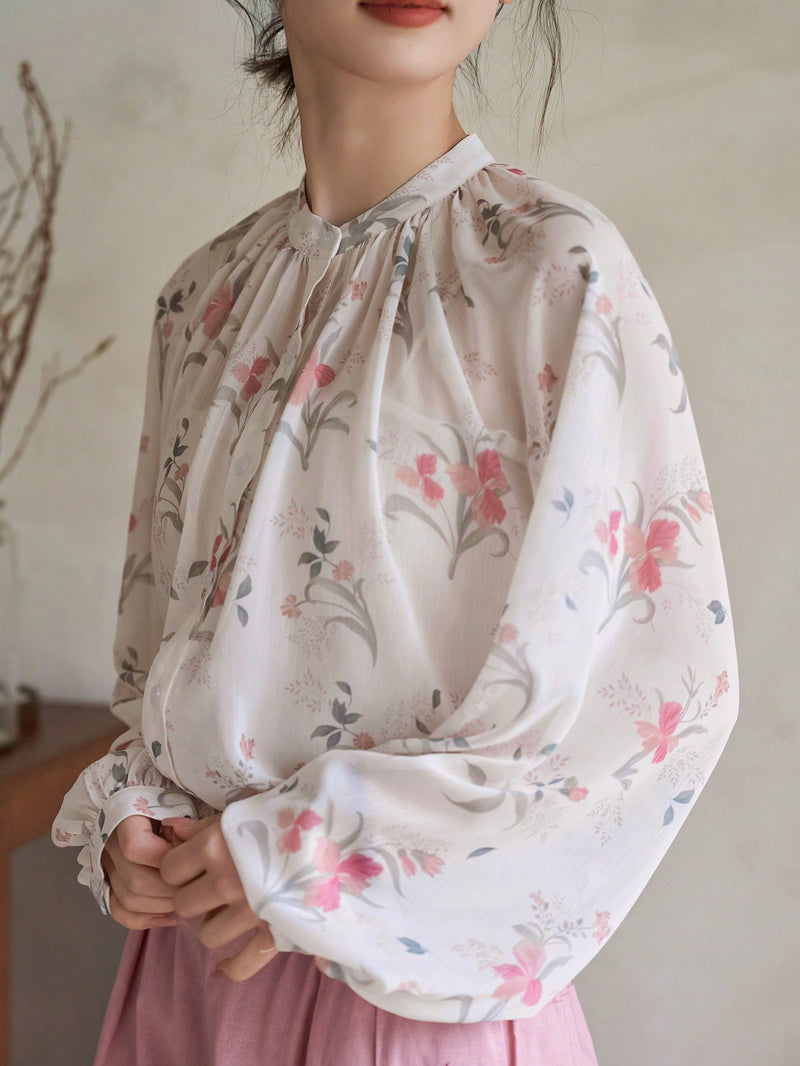 FRIFUL Camisa De Manga Abullonada Para Mujer Con Estampado Floral En Toda La Prenda