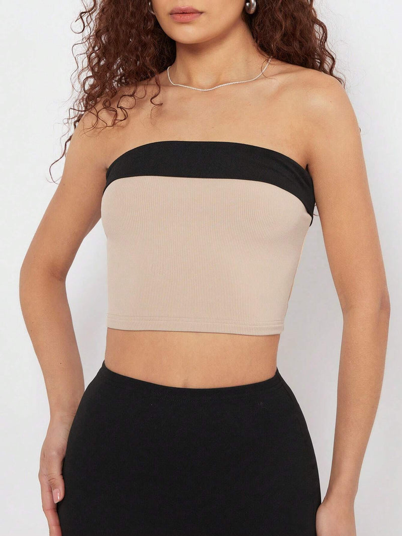 BASICS Top Brasier sin tirantes De Punto Acanalado De Bloques De Color Para Mujer