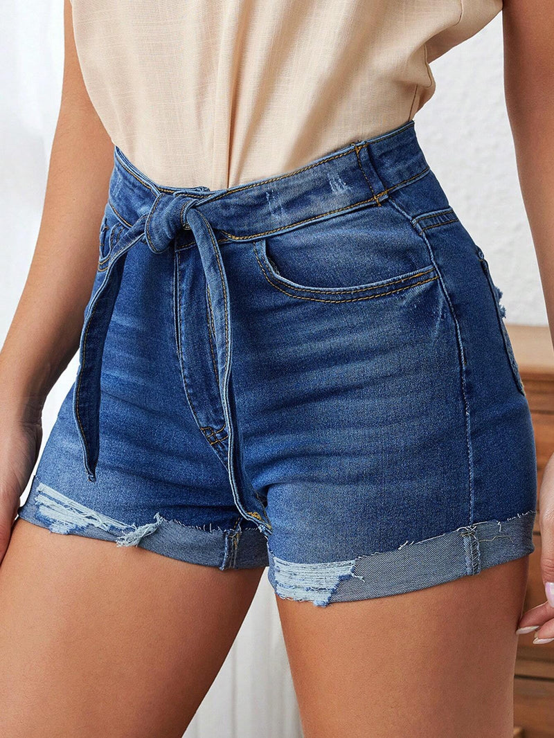 LUNE Shorts Vaqueros Con Dobladillo Enrollado Desgastado Cat Whiskers, Lavados