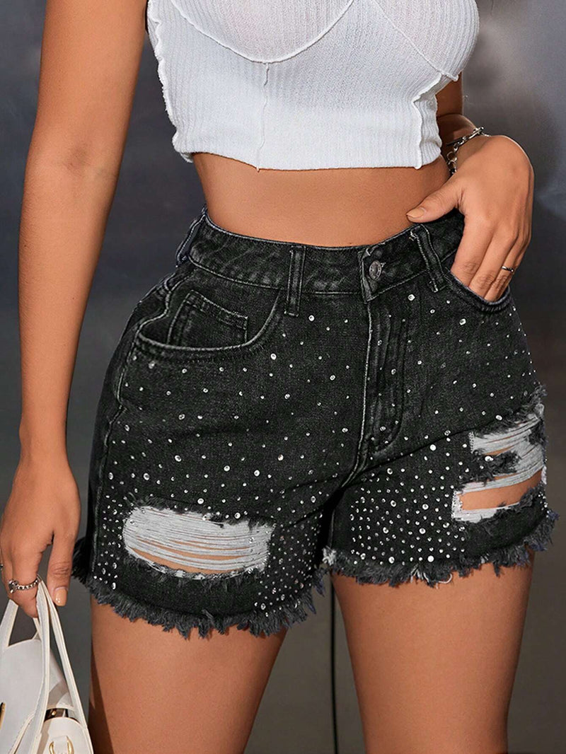 SXY Shorts De Mezclilla Con Detalles Desgastados Y Dobladillo Deshilachado