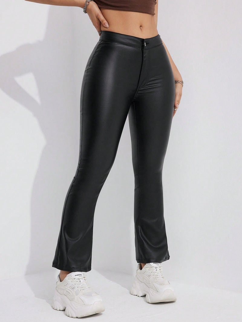 Pantalones acampanados informales de unicolor para mujer con cremallera