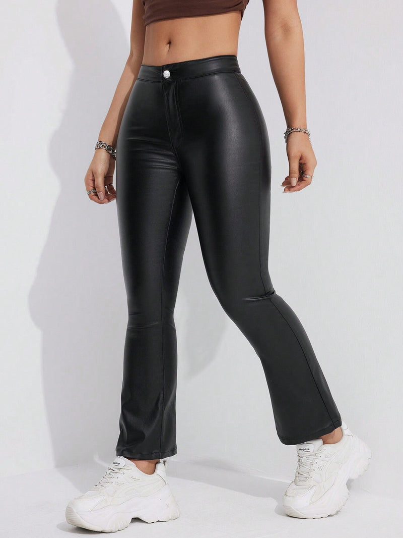 Pantalones acampanados informales de unicolor para mujer con cremallera