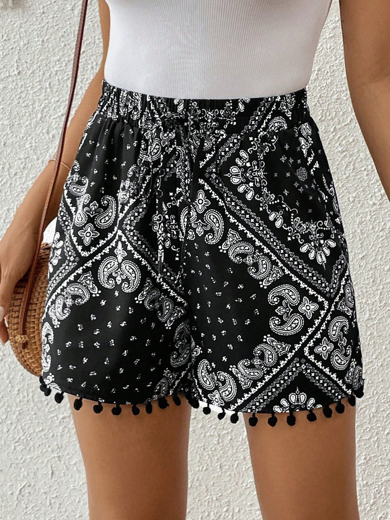 VCAY Shorts De Seda Con Estampado De Bufanda Para Mujer Con Borde De Pompones