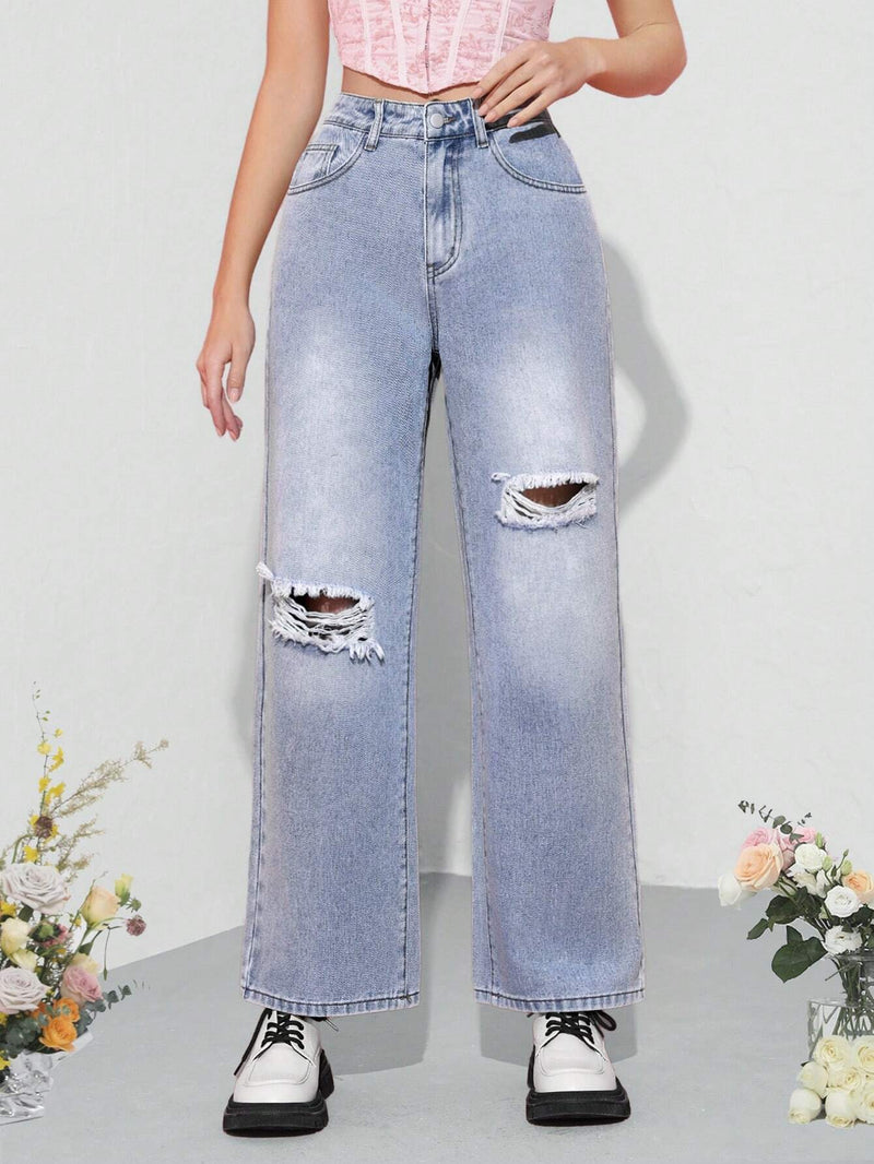 MOD Jeans Rectos Con Diseno Desgastado Para Mujer