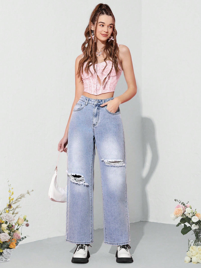 MOD Jeans Rectos Con Diseno Desgastado Para Mujer