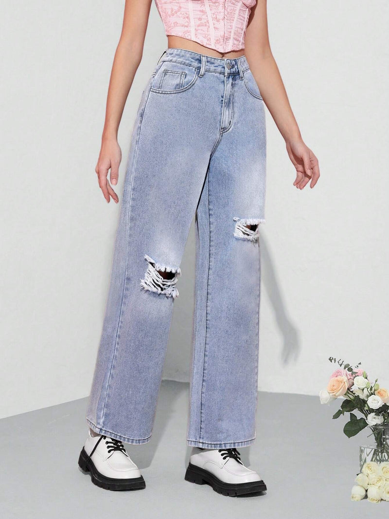 MOD Jeans Rectos Con Diseno Desgastado Para Mujer