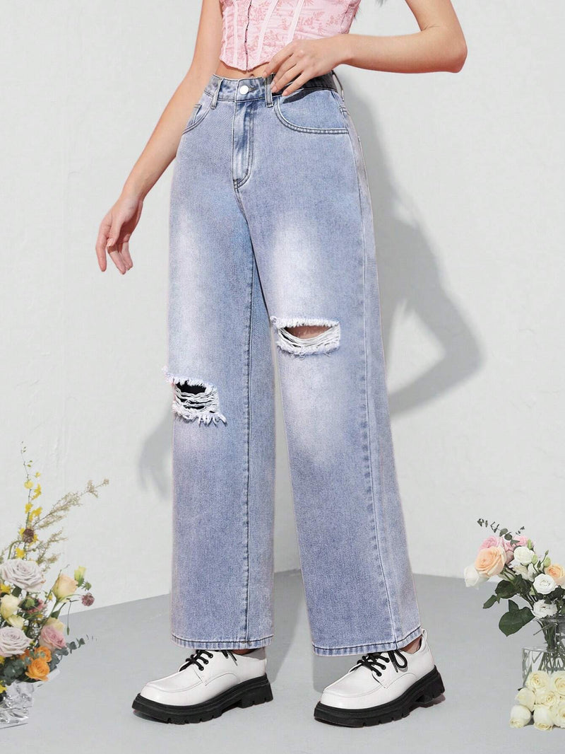 MOD Jeans Rectos Con Diseno Desgastado Para Mujer