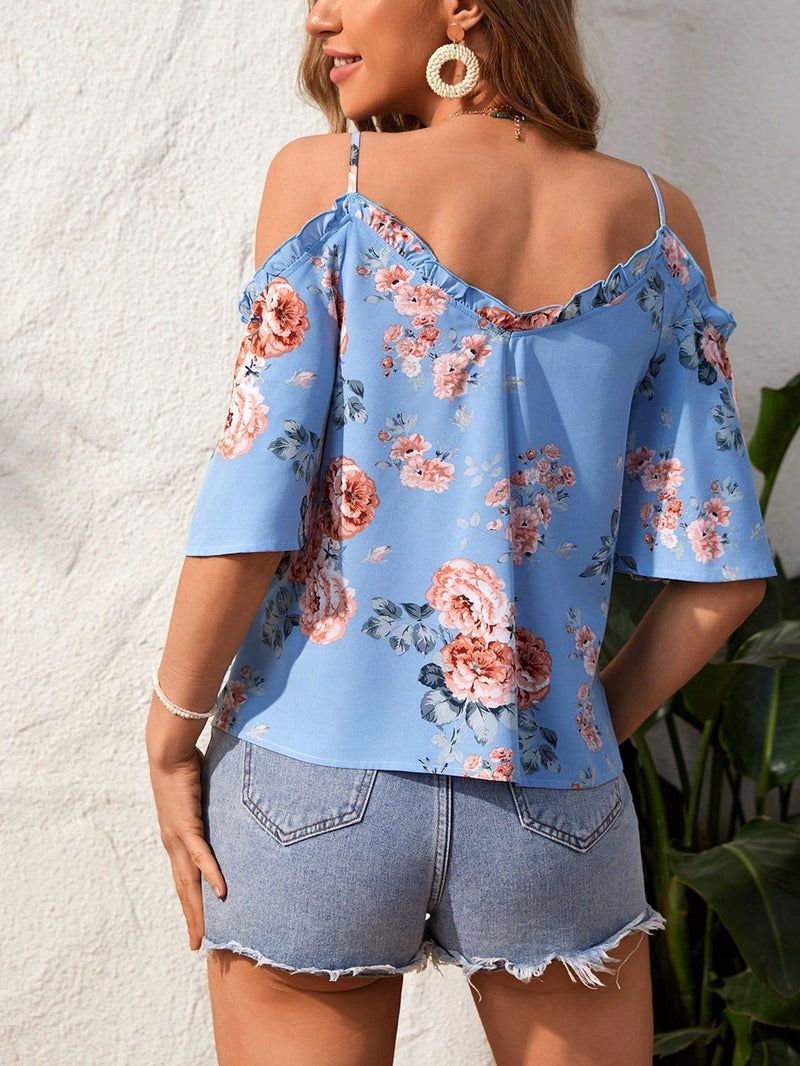 VCAY Blusa De Hombro Hueco Tejida Para Vacaciones De Primavera/verano Con Diseno Floral