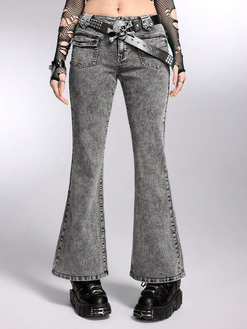 ROMWE Grunge Punk Jeans Acampanados De Mujer Con Multiples Bolsillos