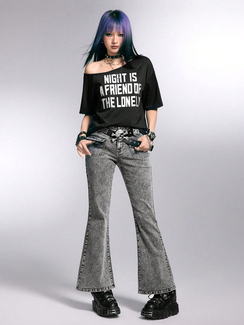 ROMWE Grunge Punk Jeans Acampanados De Mujer Con Multiples Bolsillos