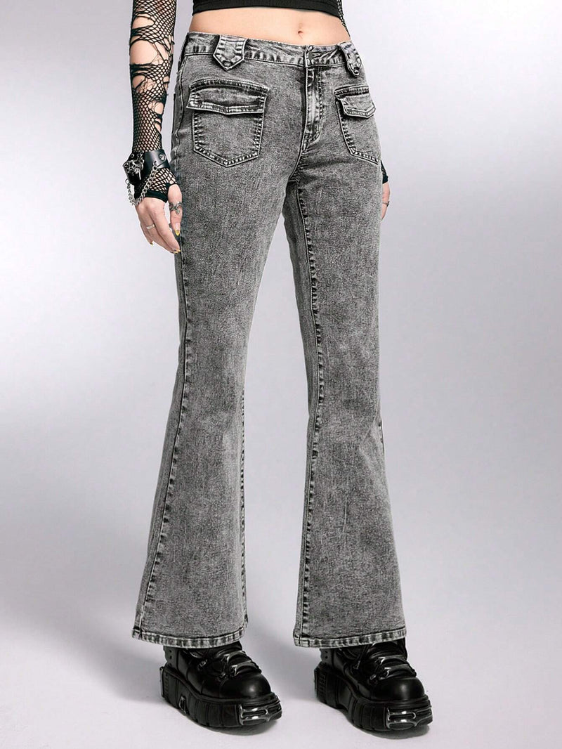 ROMWE Grunge Punk Jeans Acampanados De Mujer Con Multiples Bolsillos