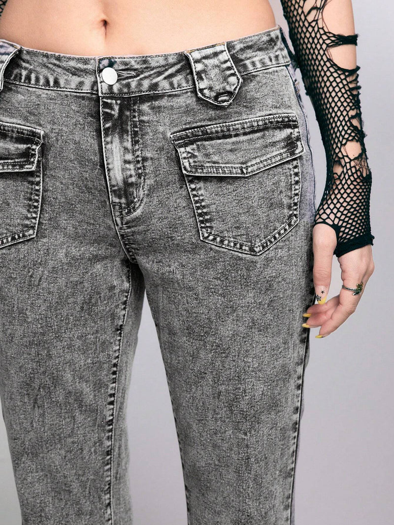 ROMWE Grunge Punk Jeans Acampanados De Mujer Con Multiples Bolsillos