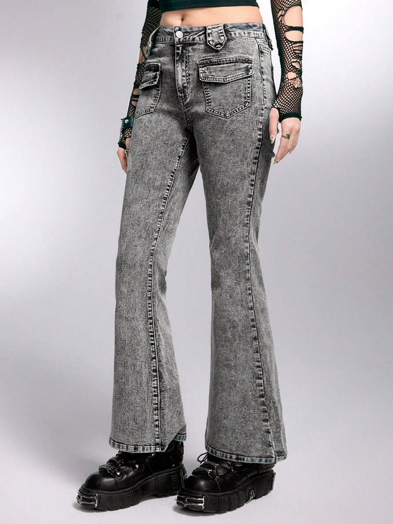 ROMWE Grunge Punk Jeans Acampanados De Mujer Con Multiples Bolsillos