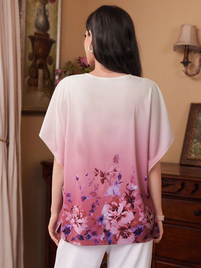 Mulvari Camisa De Manga Murcielago Con Degradado En Estampado De Flores Para Mujer