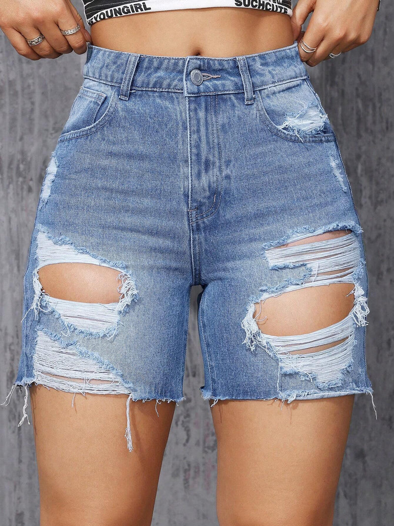 Shorts Vaqueros Desgastados Para Mujer Con Bolsillos