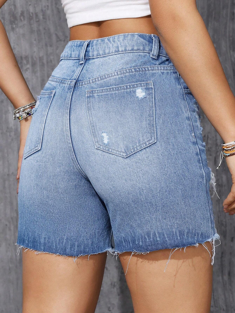 Shorts Vaqueros Desgastados Para Mujer Con Bolsillos