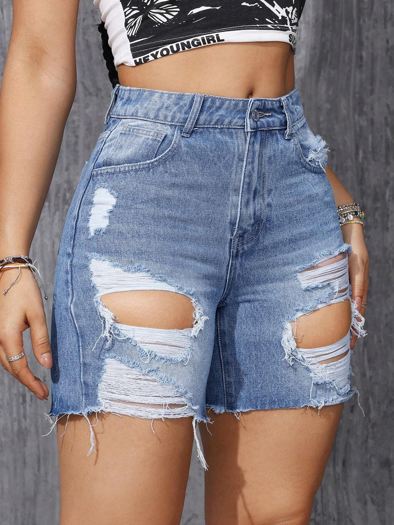 Shorts Vaqueros Desgastados Para Mujer Con Bolsillos