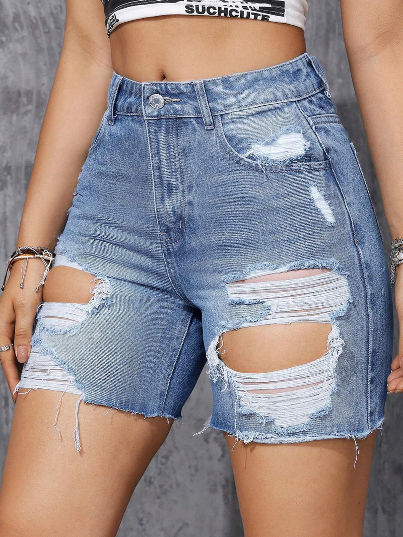 Shorts Vaqueros Desgastados Para Mujer Con Bolsillos