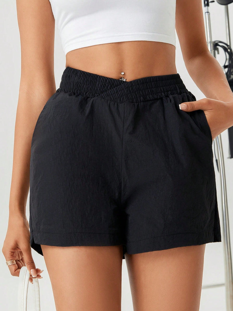 Essnce Pantalones Cortos De Cintura Alta Asimetricos Para Mujer Con Bolsillos Plegables