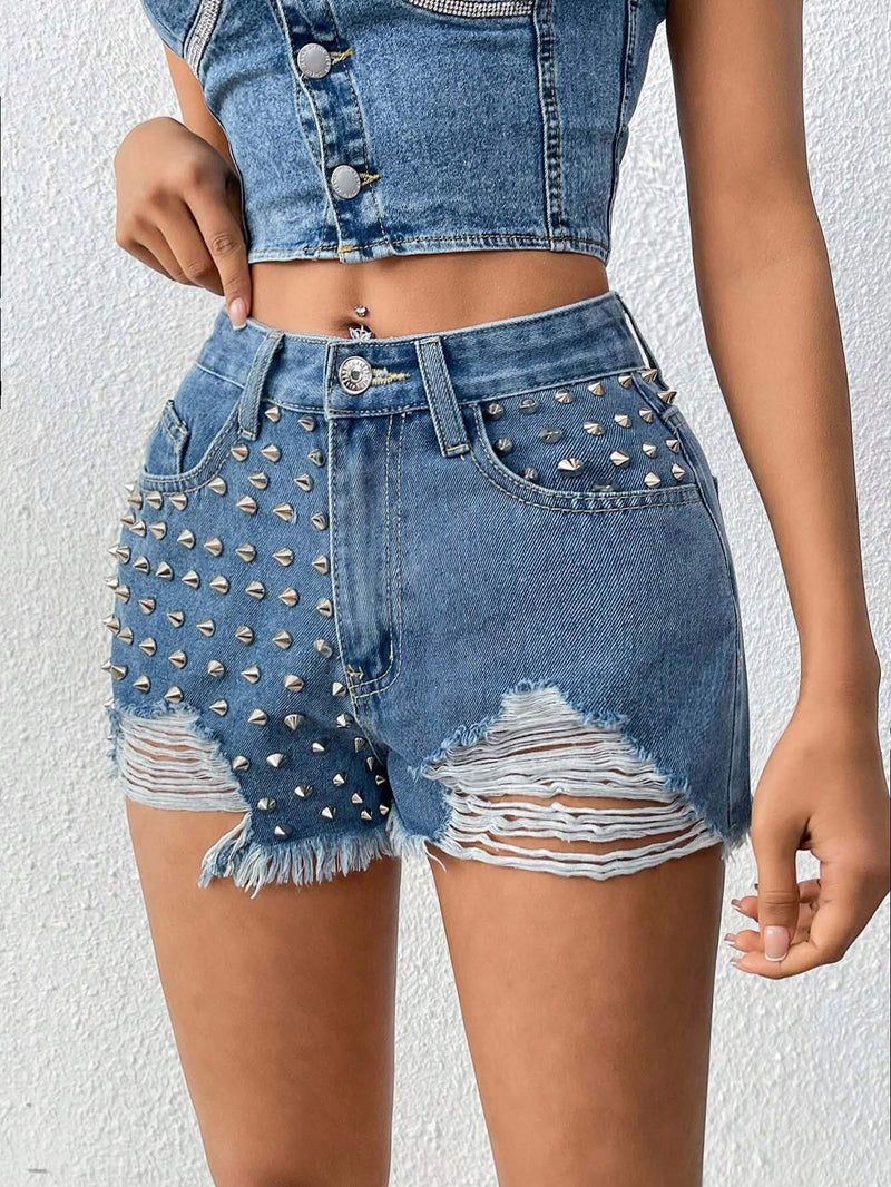 Shorts Vaqueros Rasgados Con Remaches