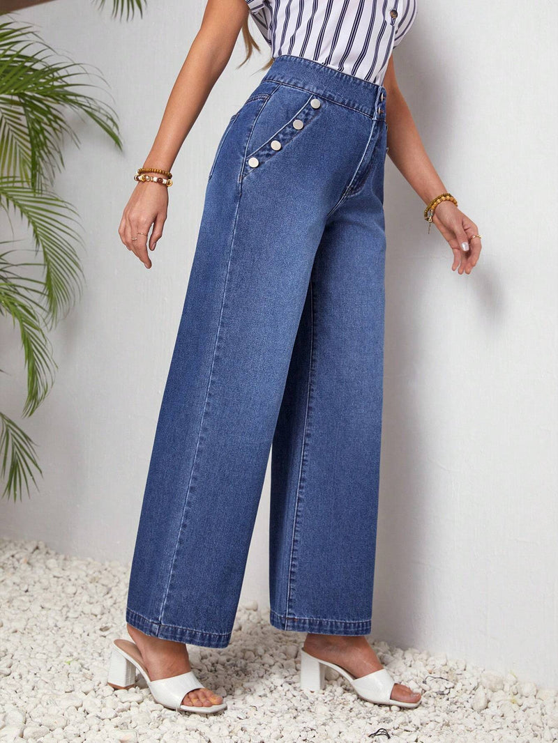 LUNE Pantalones Jeans De Pierna Ancha Para Mujeres Con Boton Oblicuo