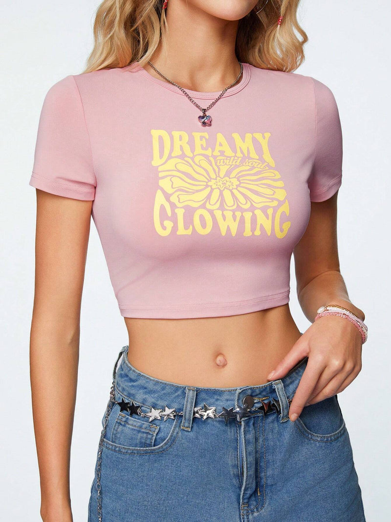 Qutie Camiseta Corta De Manga Corta Para Mujeres Con Estampado De Flores Y Letras