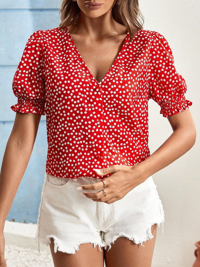 Frenchy Blusa Floral Para Mujer De Verano Con Cuello En V, Manga Corta De Globo