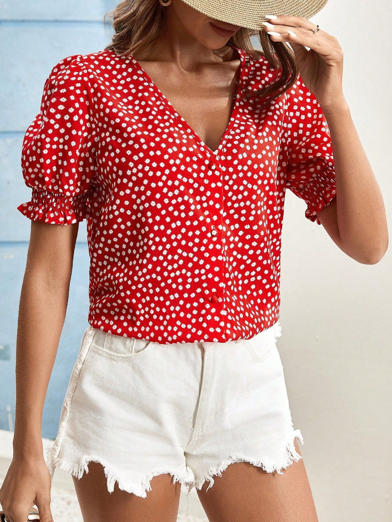 Frenchy Blusa Floral Para Mujer De Verano Con Cuello En V, Manga Corta De Globo