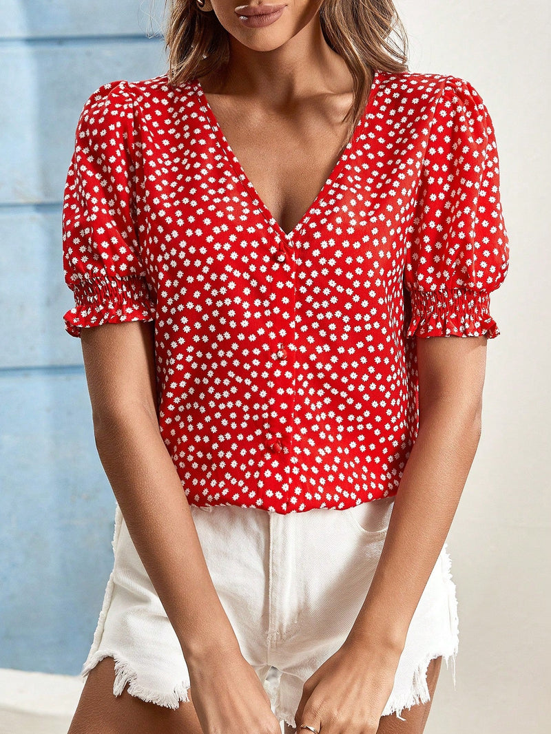 Frenchy Blusa Floral Para Mujer De Verano Con Cuello En V, Manga Corta De Globo