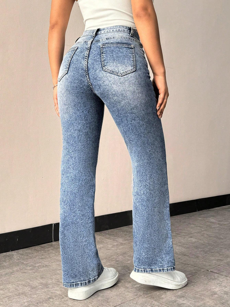 Prive Jeans De Mezclilla Rectos De Pierna Recta Ajustados De Cintura Elastica