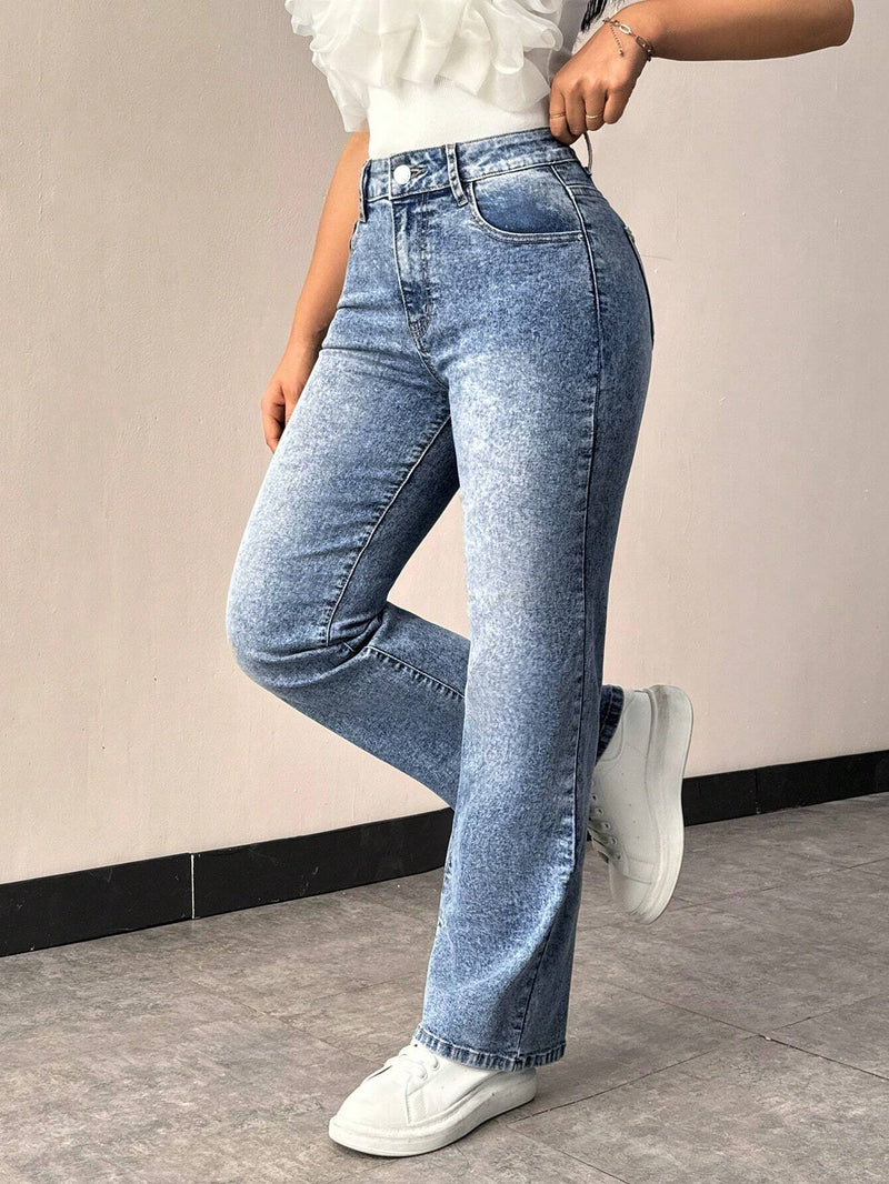 Prive Jeans De Mezclilla Rectos De Pierna Recta Ajustados De Cintura Elastica