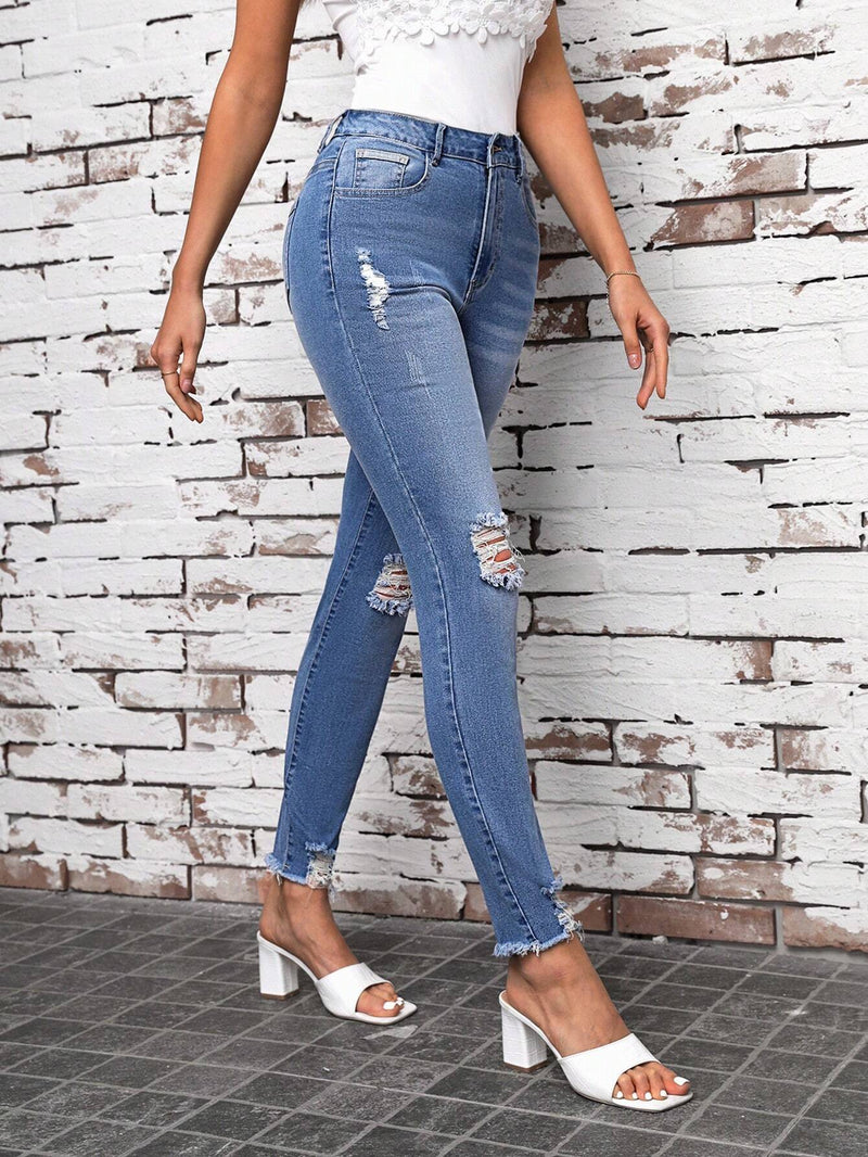 Tall Jeans Elasticos Desgastados Ajustados Para Mujer Con Pierna Ajustada