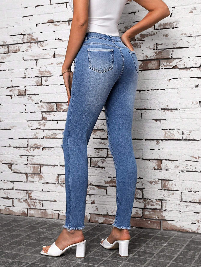 Tall Jeans Elasticos Desgastados Ajustados Para Mujer Con Pierna Ajustada