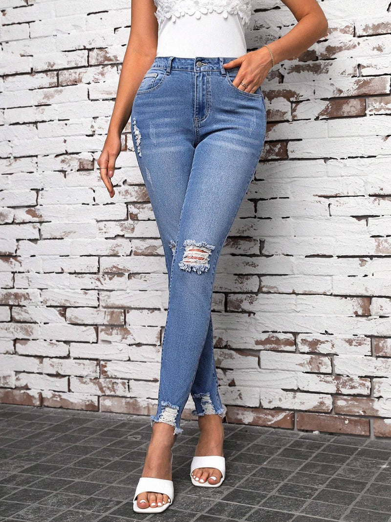 Tall Jeans Elasticos Desgastados Ajustados Para Mujer Con Pierna Ajustada