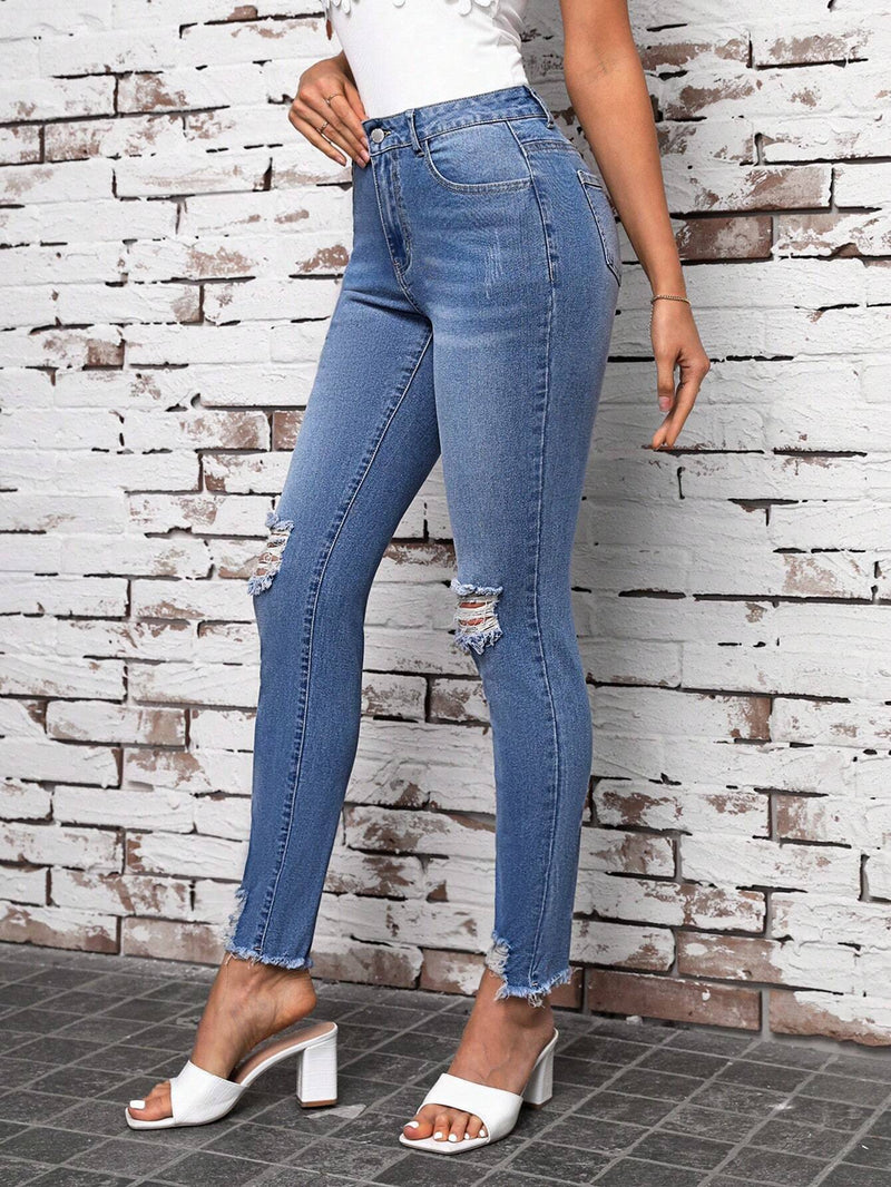 Tall Jeans Elasticos Desgastados Ajustados Para Mujer Con Pierna Ajustada