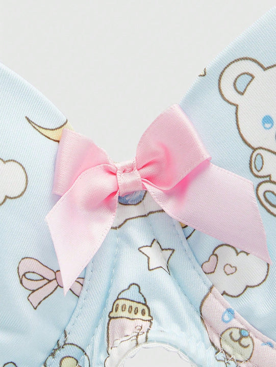 ROMWE Kawaii Conjunto De Lenceria Para Mujeres Con Diseno Encantador De Oso De Peluche Con Aros