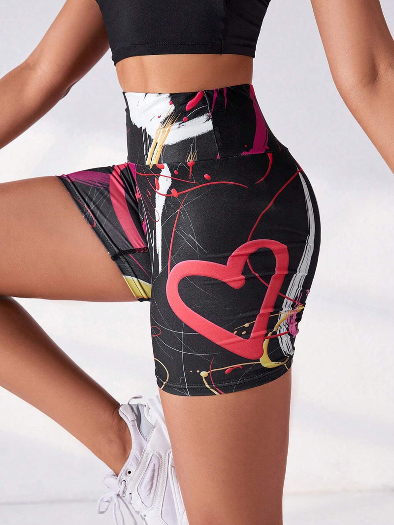 Pantalones Cortos Deportivos Con Cintura Ancha Y Estampado De Corazones Para Mujer, Pantalones Cortos De Yoga De Alta Elasticidad Para Deportes Y Ocio