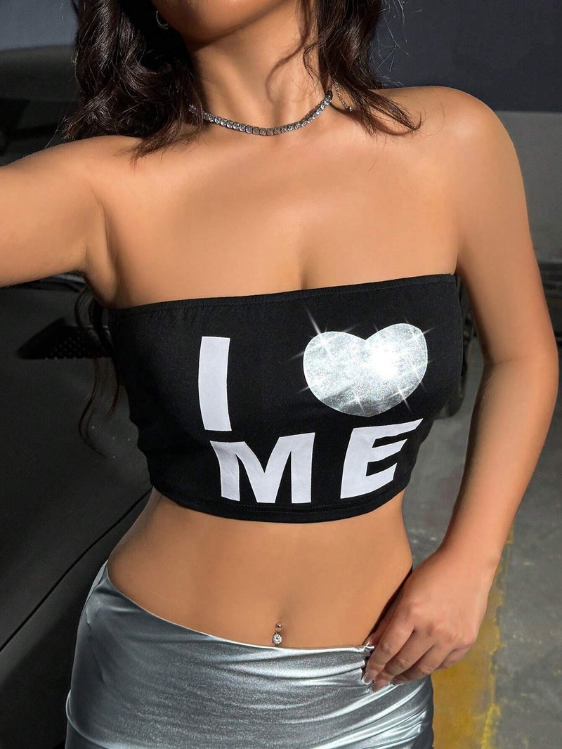 ICON Top Brasier sin tirantes Para Mujer Con Estampado De Letras Y Corazones