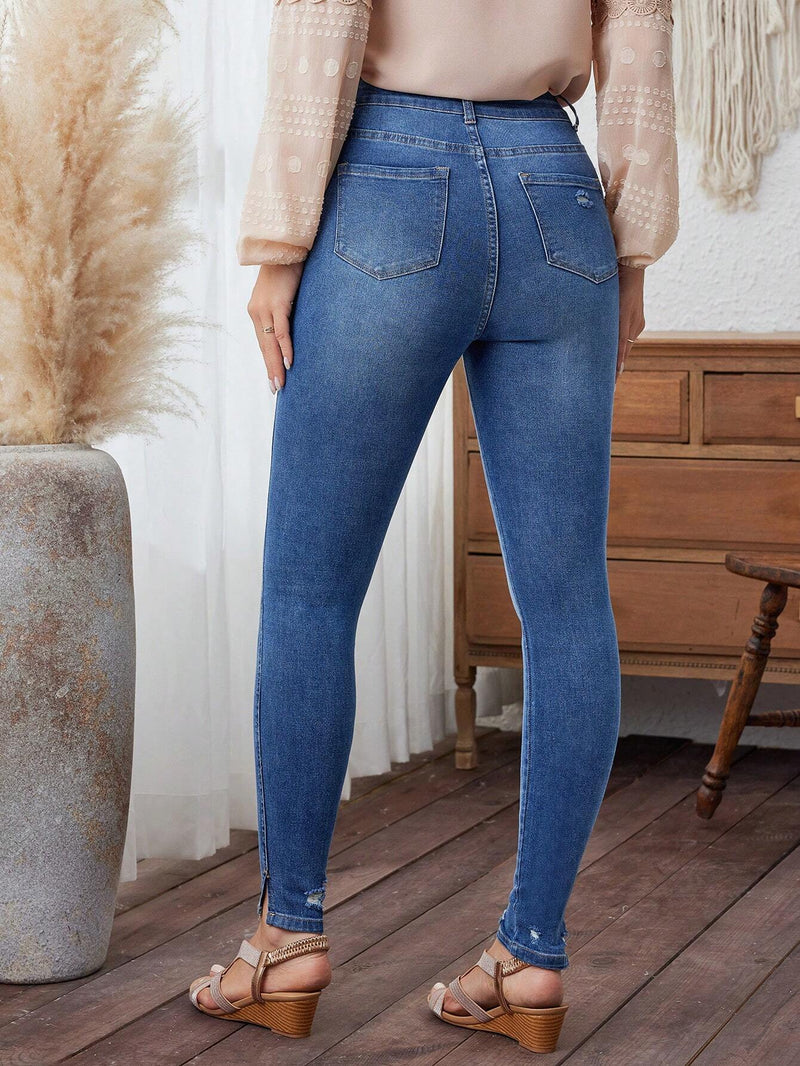 LUNE Jeans Ajustados De Mujer Con Botones Delanteros Y Agujeros Desgastados