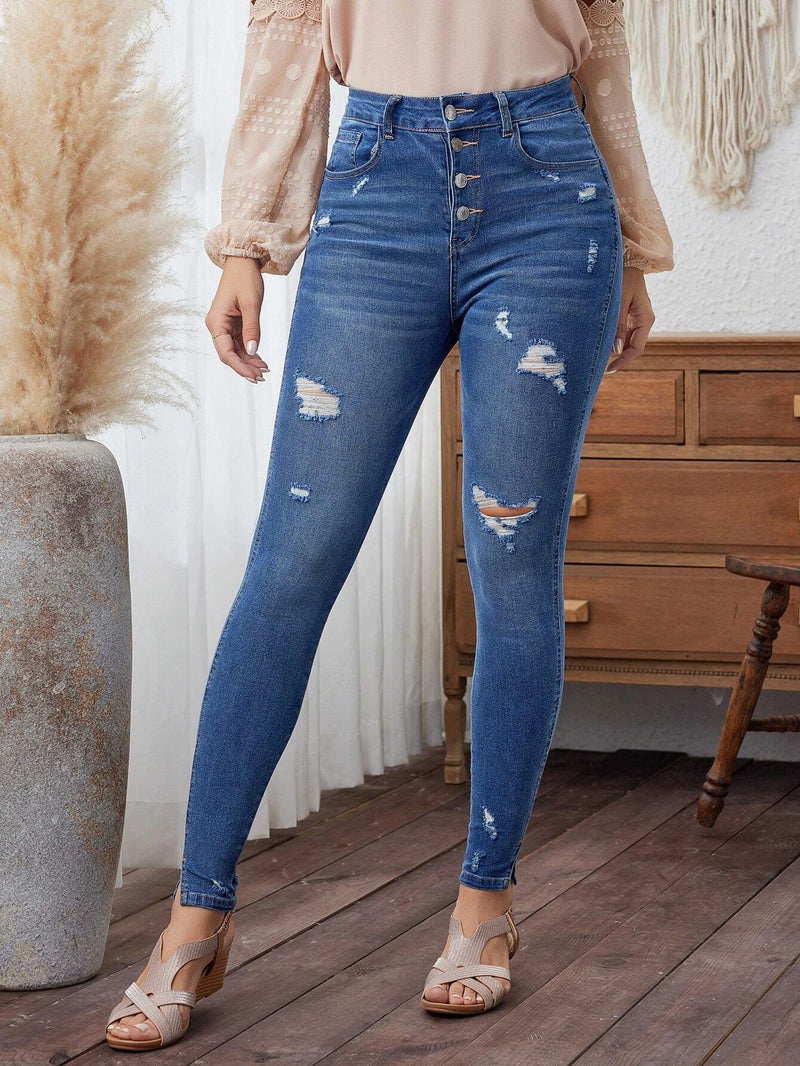 LUNE Jeans Ajustados De Mujer Con Botones Delanteros Y Agujeros Desgastados