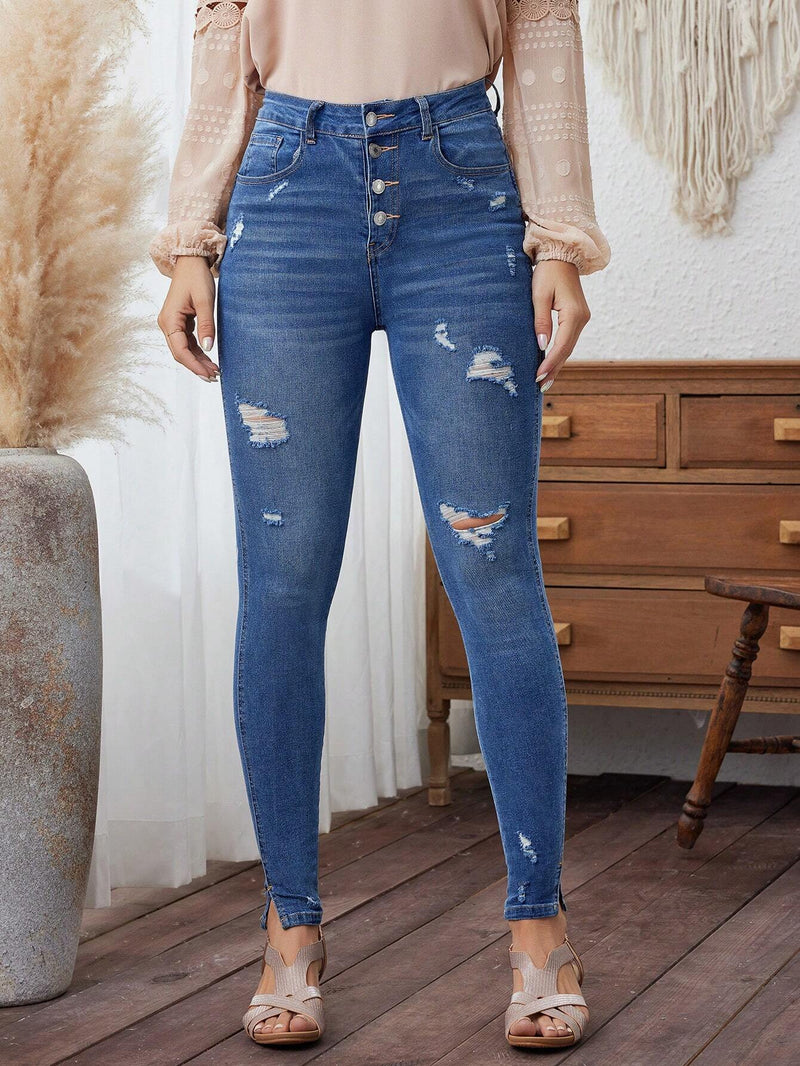 LUNE Jeans Ajustados De Mujer Con Botones Delanteros Y Agujeros Desgastados